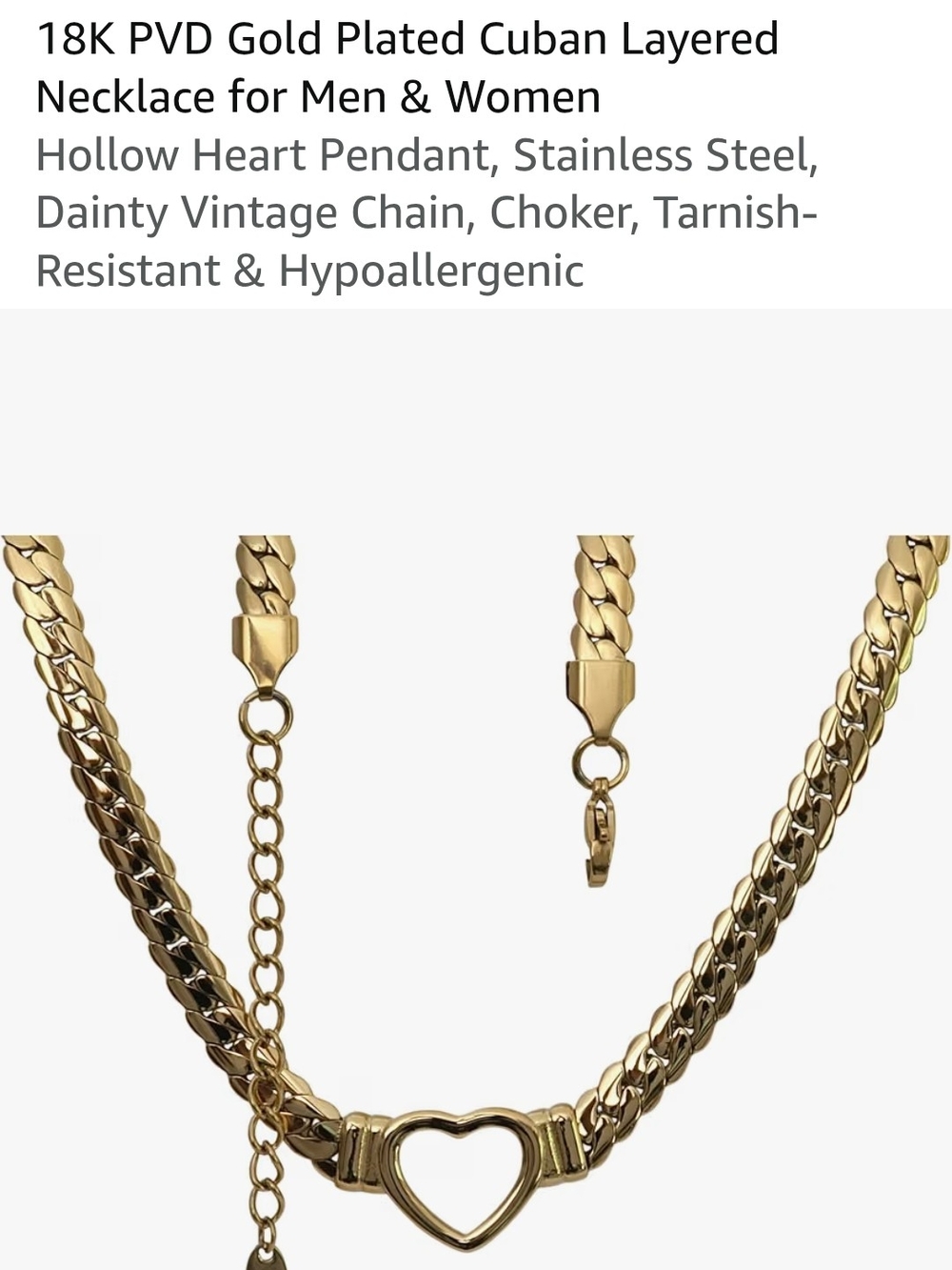Gold Heart Cuban Layered Necklace - 18K PVD Plated